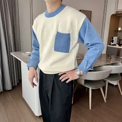 Korean Patchwork Knitted Pullovers Autumn Winter Casual Fashion Pockets Men's Clothing Contrasting Colors Basic Loose Sweaters