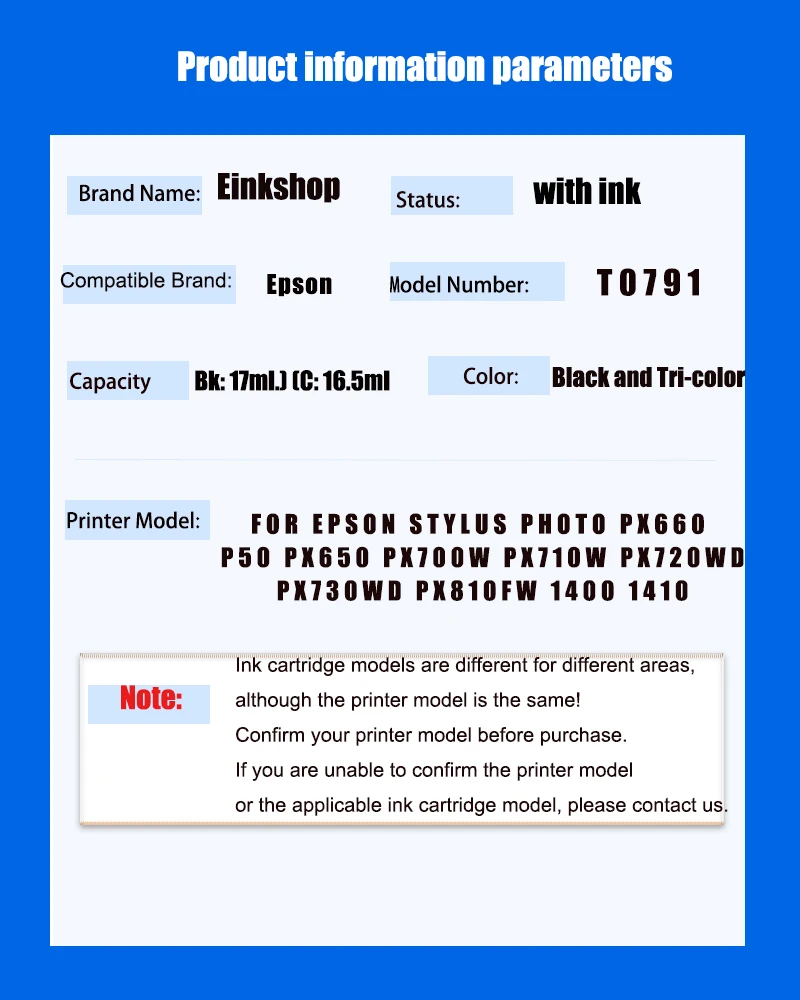 einkshop T0791 - T0796 Ink Cartridge For Epson Stylus Photo PX660 P50 PX650 PX700W PX710W PX720WD PX730WD PX810FW 1400 1410