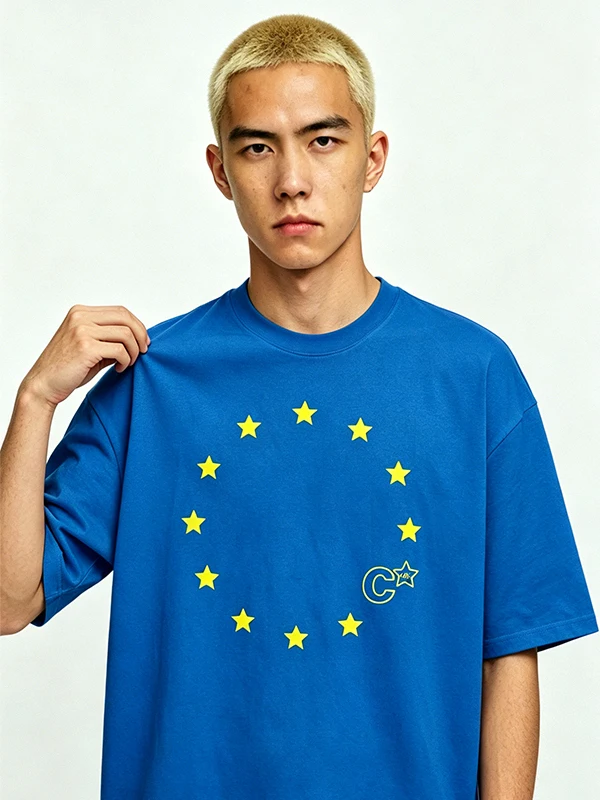 Street Style Ring Star Print Short Sleeve Men's American Retro Shoulder Drop Loose Unisex Pure Cotton Half Sleeve T-shirt