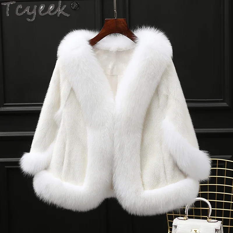 

Tcyeek Natural Mink Fur Shawl Coat Warm Fox Fur Collar Winter Jackets for Women 2023 Whole Mink Short Shawls Female Clothing