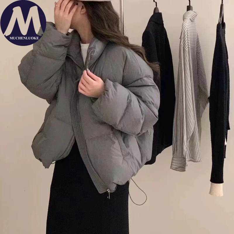 

Женская зимняя куртка, корейская модная куртка с длинным рукавом и воротником-стойкой, теплое пуховое хлопковое пальто, повседневная свободная утепленная короткая парка
