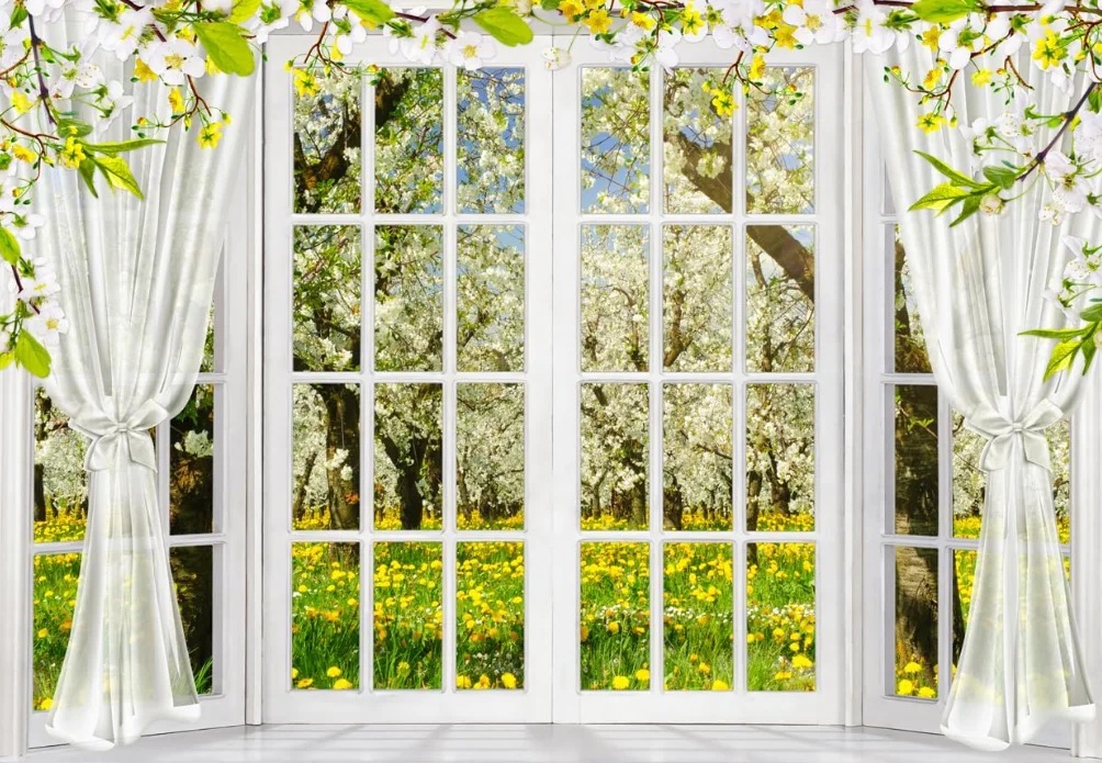 Spring Flowers Backdrop Spring Window Outdoor Garden Backdrop Floral Nature Photography Backdrop Party Decoration