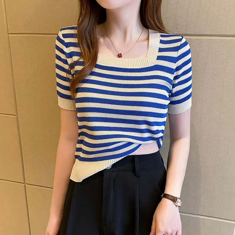 Korean Casual Summer T-Shirts Women Square Collar Ice Silk Striped Contrast Color Fashion Elegant Slim Short Sleeve Knit Tops