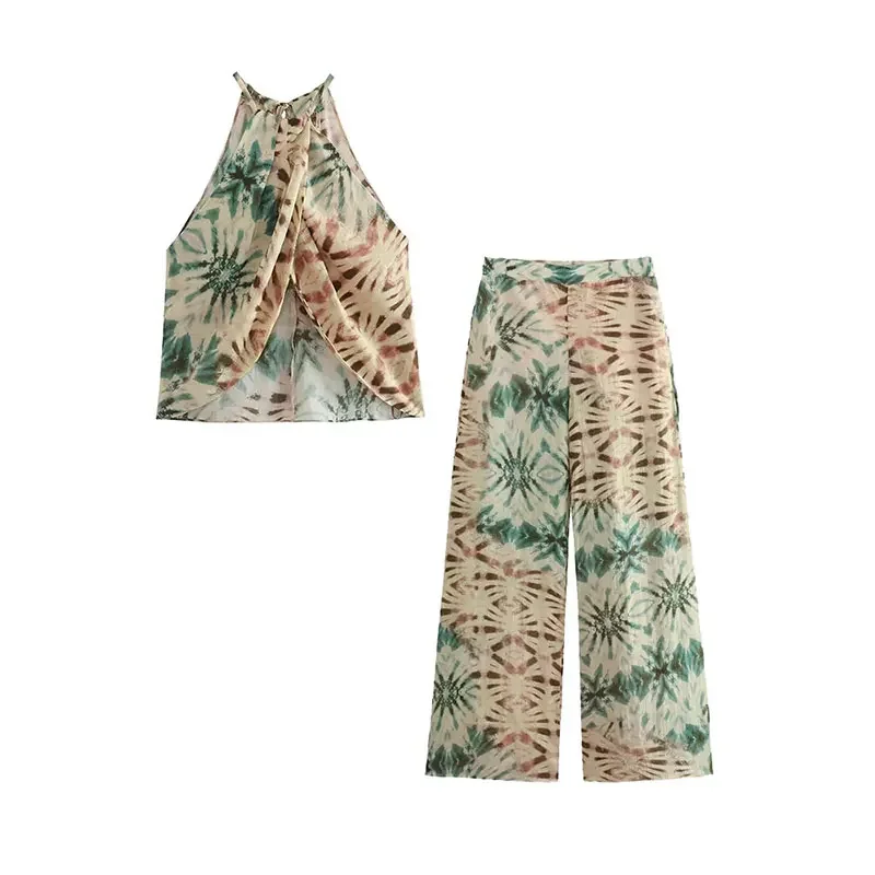 2023 Summer 2 Pieces Sets Fashio Printed Hang-Neck Short Sling Tops + High Waist Long Pants Causal Elegant Slim Sets