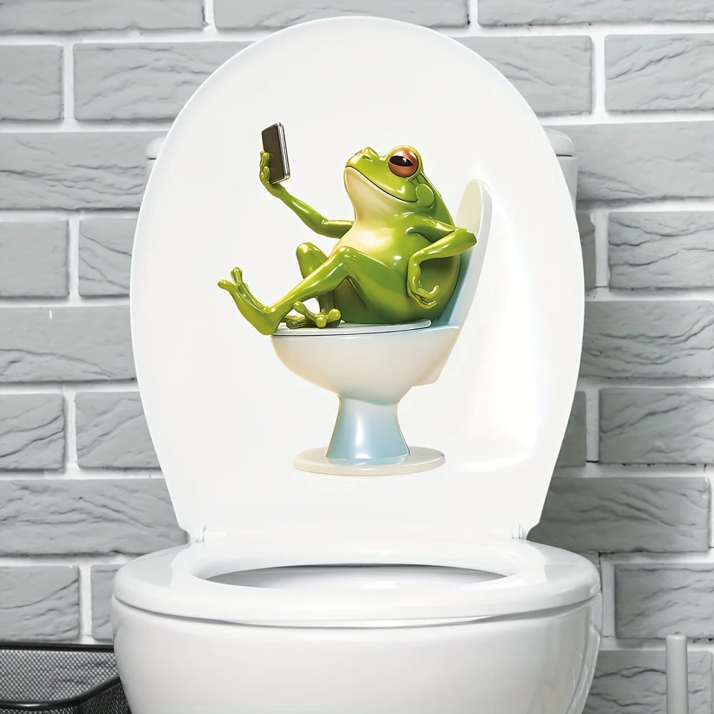 The Frog Sits on The Toilet Seat and Plays With The Phone Bathroom Toilet Cover Sticker Wall Stickers Animal Home Decals M1034