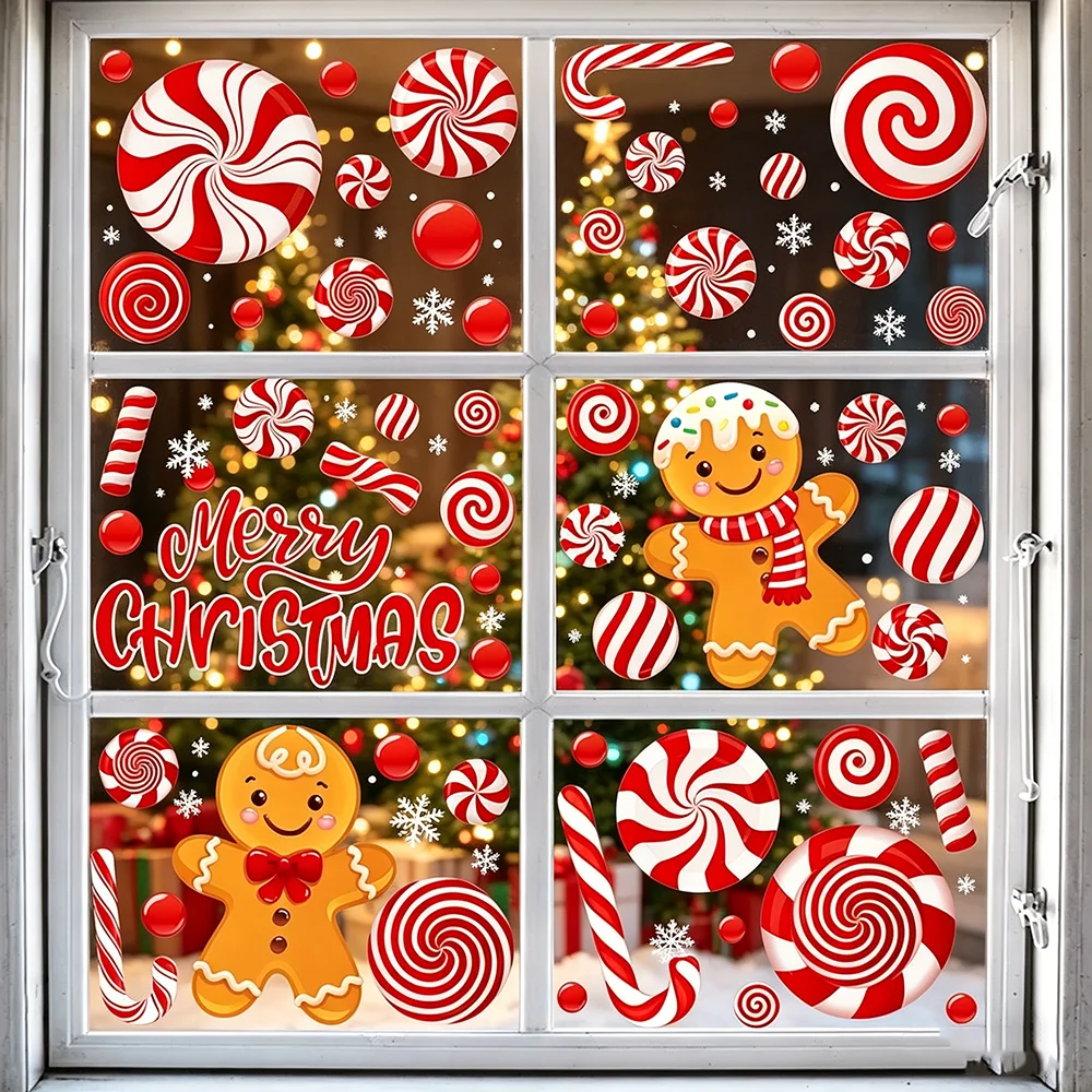 9pcs Static Window Decals Gingerbread and Candy Cane Patterns Decorate Glass Doors Windows for Indoor Christmas Home Styling