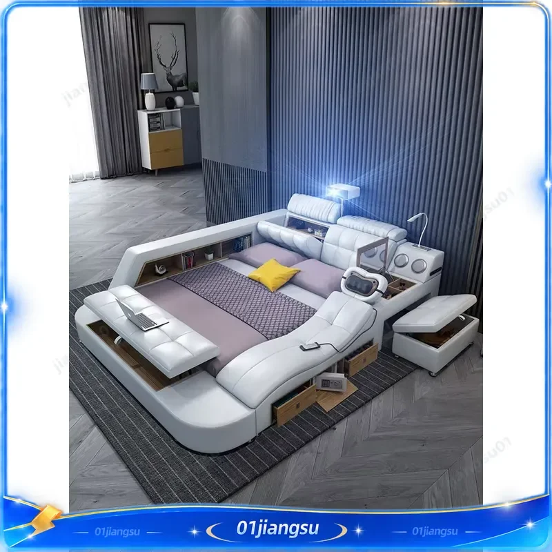 Modern Smart Leather Bed with Built-in Projector Storage King Size Platform Bed Light Luxury Bedroom Furniture
