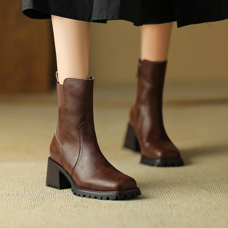 

NEW Autumn Boots Women Split Leather Shoes for Women Round Toe Chunky Heel Women Boots Solid Chelsea Boots Winter Female Boots