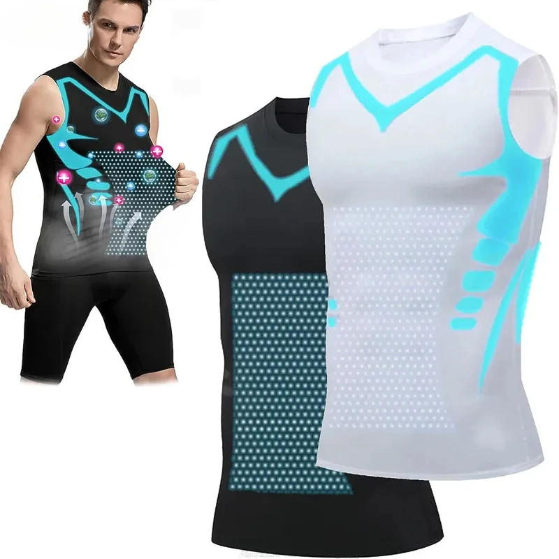 Long Sleeve Ionic Shaping Vest Men Ice-Silk Slimming Vest Body Shaper Compression Tank Top Tummy Control Fitness Workout Shirts