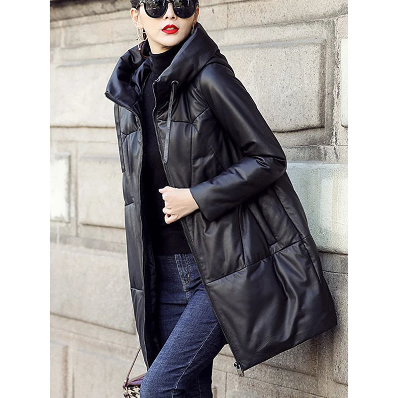 Parka da neve addensato Giacca invernale in pelle PU con cappuccio calda da donna Cappotto lungo allentato nero Capispalla in pelle di cotone di lusso antivento