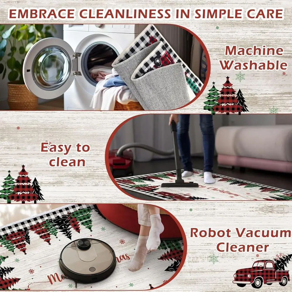 Watercolor Christmas Bear Plaid Rug, Washable for Entryway or Living Room, 2x3/5x7 ft