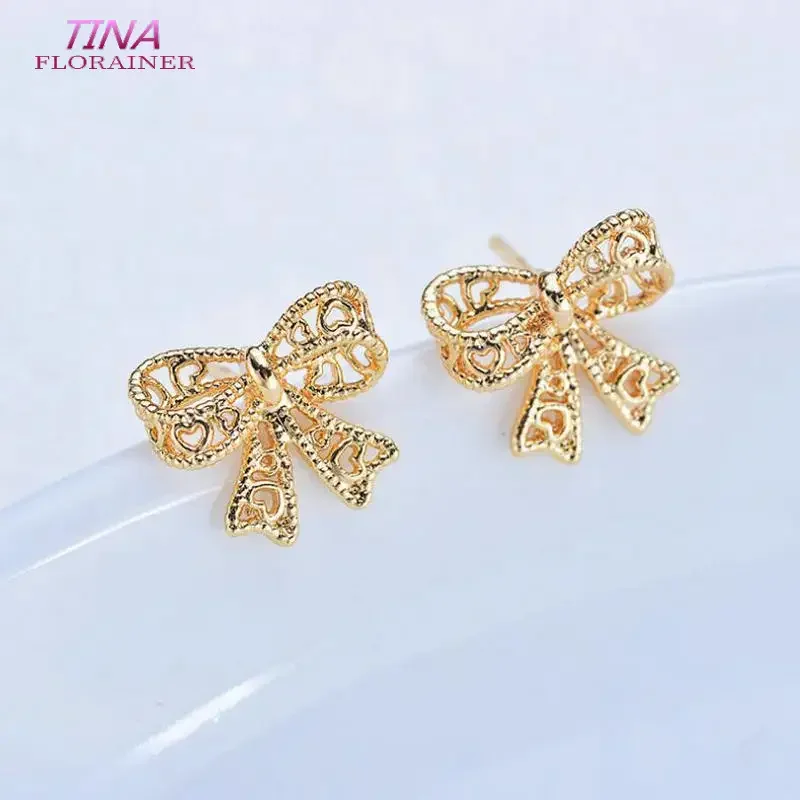 4PCS 9.5*10.5MM 14K Real Gold Color Plted Brass Bowknot Stud Earrings  High Quality Diy Jewelry Findings Accessories