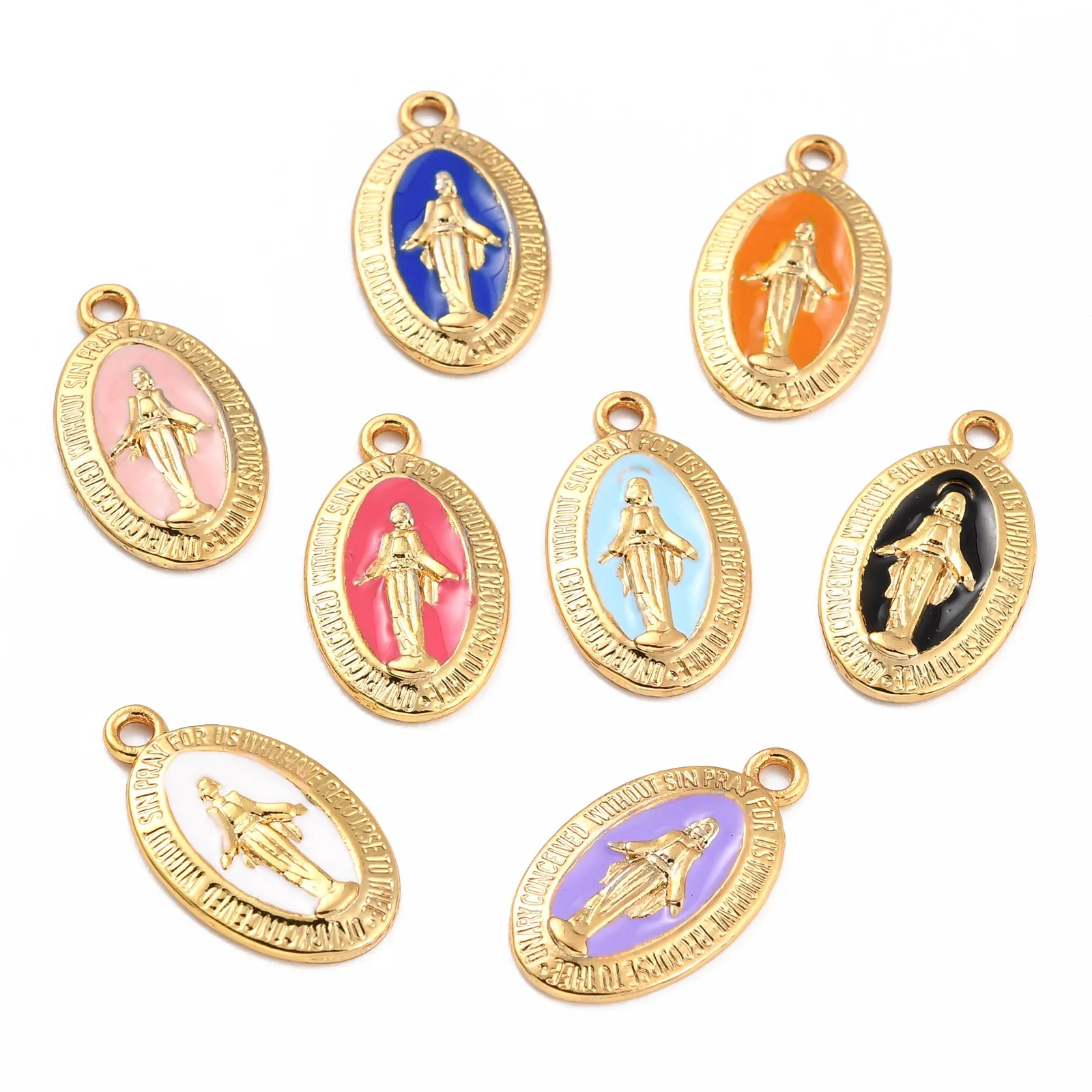 Jungfrau Maria Legierung Emaille Anhänger Goldene Lange Anhaltende Überzogene Oval Miraculous Medaille Charms Religion DIY Halskette Schmuck Machen