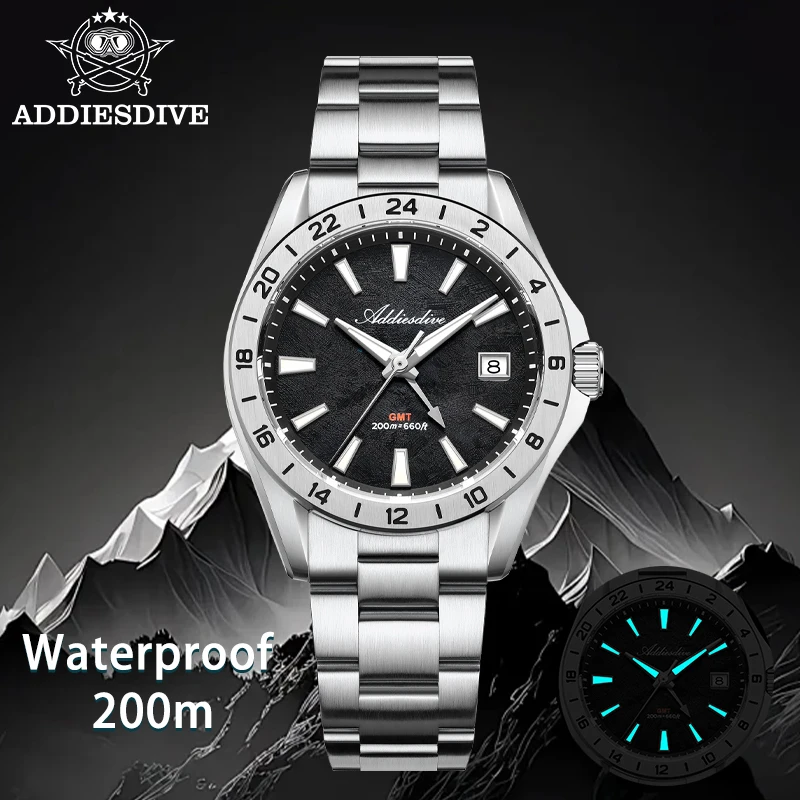 ADDIESDIVE GMT Men's Quartz Watch Luxury Swiss Ronda 515-24H Dual Time 200M Waterproof Sapphire Stainless Steel Luminous Watches
