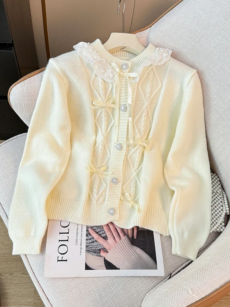 Gaganight Women Korean Chic O neck Sweet Lace Splicing Bow Sweater Jacket 2024 Autumn New Gentle Soft Knitted Cardigan Female