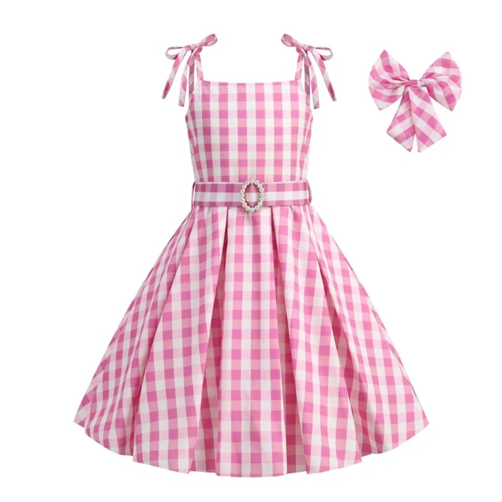 Bear Leader abbigliamento per bambini abito estivo con bretelle a scacchi rosa Costume dolce abiti da principessa pieghettati a farfalla vestiti per ragazza