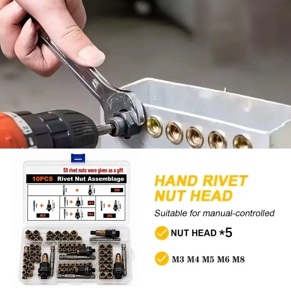 10PCS Carbon Steel Rivet Nut Set M3 M4 M5 M6 M8 Metric Thread Hex Shank Fit Electric Drill For Auto Repair Car Panel Modificatio