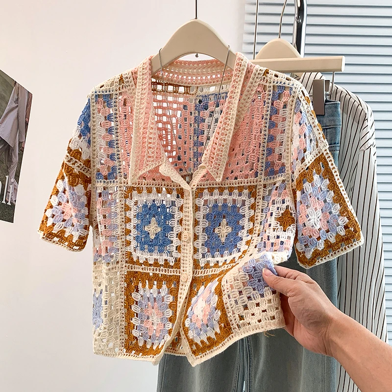 Tops de Ganchillo Estilo Boho, Manga Corta, Botones al Frente, Cárdigan Corto, Tops de Punto Calado para Mujer, Estilo Bohemio de Verano