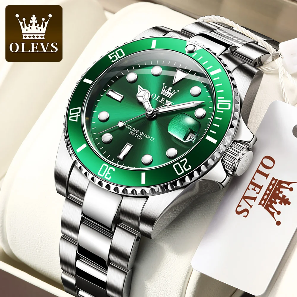 OLEVS Men\'s Watches Business Stainless Steel Strap Green Quartz Watch Waterproof Calendar Luminous High Quality Male Wristwatch