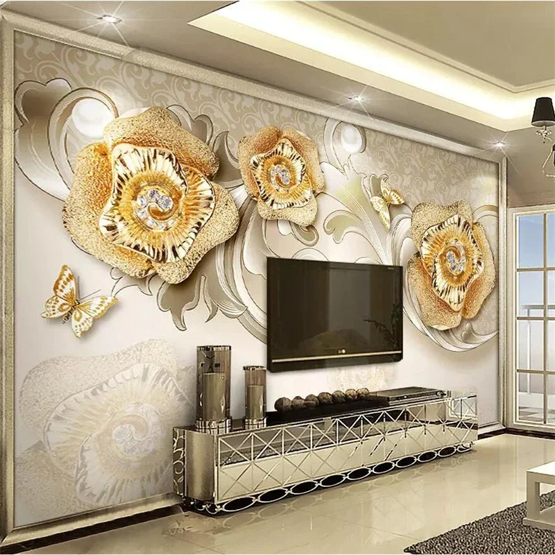 Custom wallpaper 3d rich jewellery flowers background wall living room bedroom mural Luxury European Golden Rose Butterfly mural