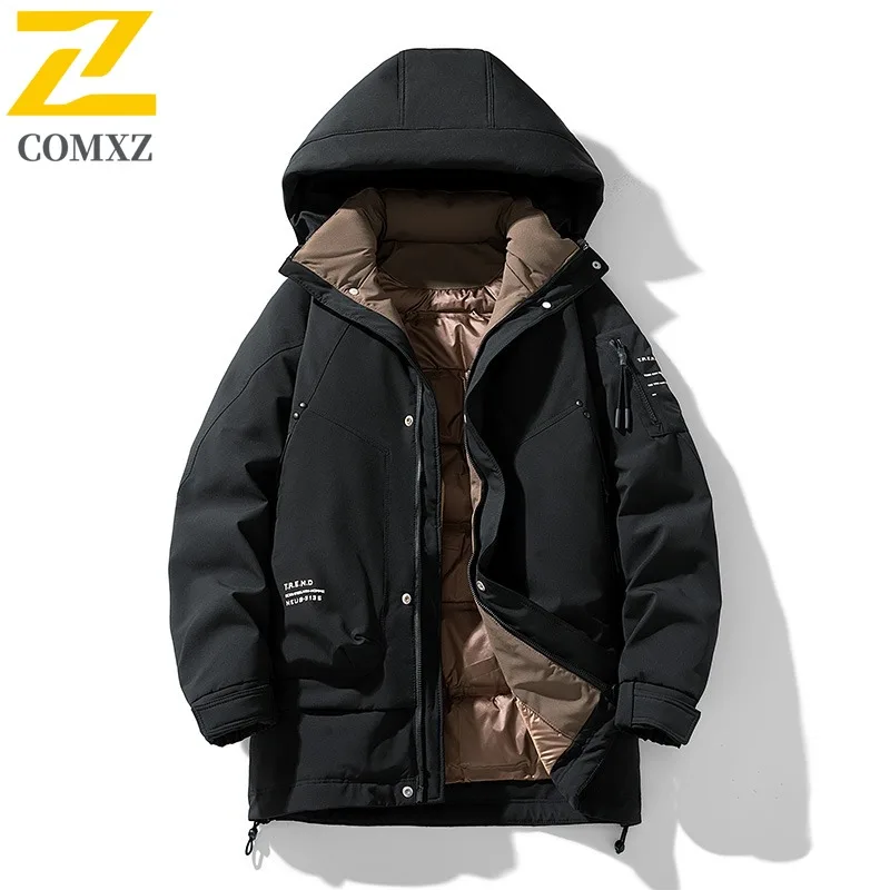 COMXZ 2025 معيار وطني جديد 60 أسفل خفيف الوزن دافئ للجنسين مقنعين سترة الخريف الشتاء الشباب سترة الموضة غير رسمية