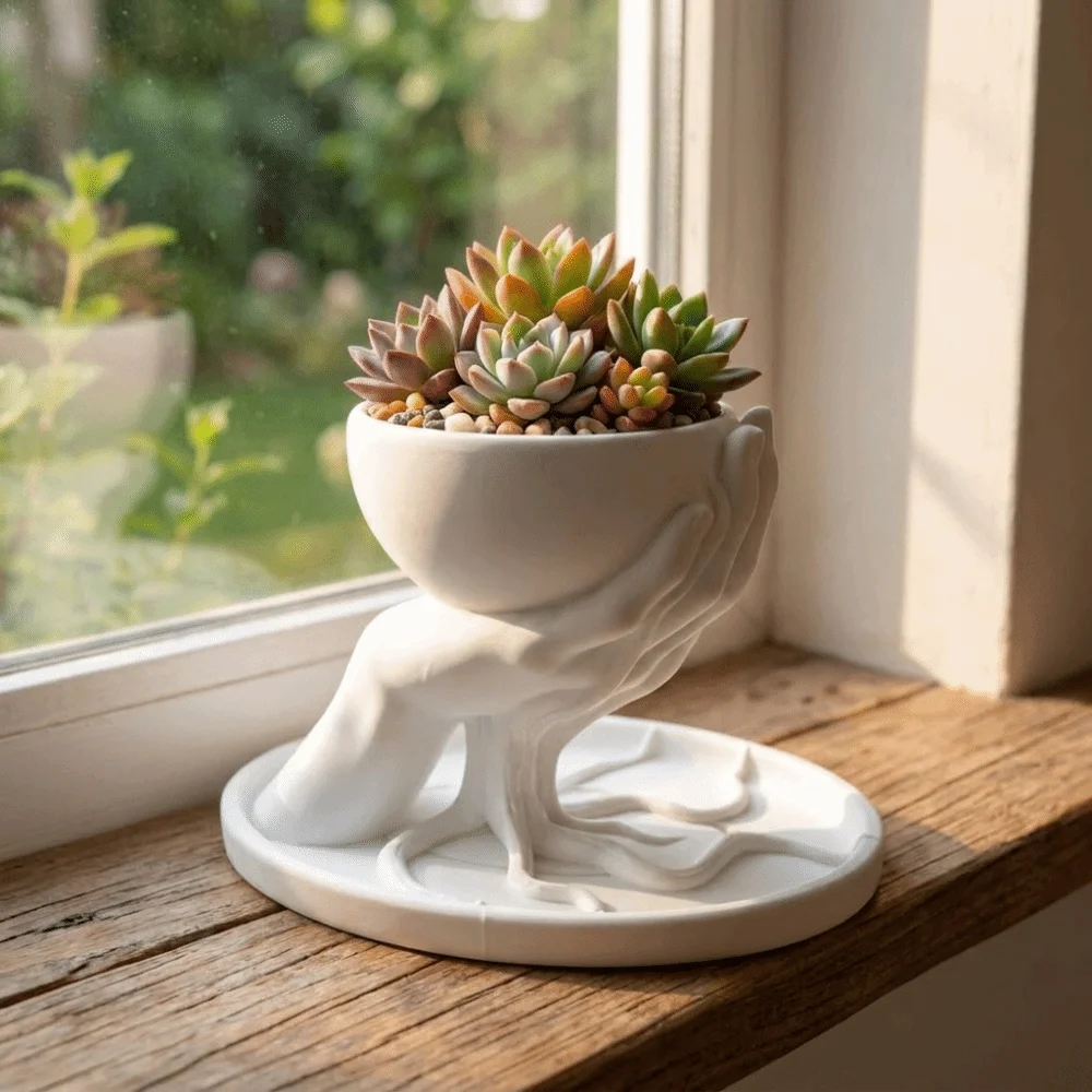 3D Printed Tree Hand Shape Succulent Pot Marble Texture Decorative Hand Held Flowerpot Unique Plastic Keys Storage Bowl Indoor