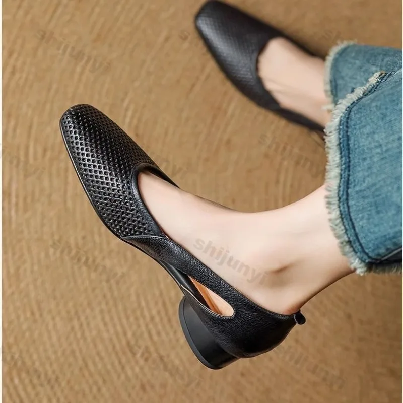 

Hollow Square Toed Single Shoe Thick Heel Summer 2025 Comfortable for Women French Elegant Soft Surface Comfortable Single Shoe