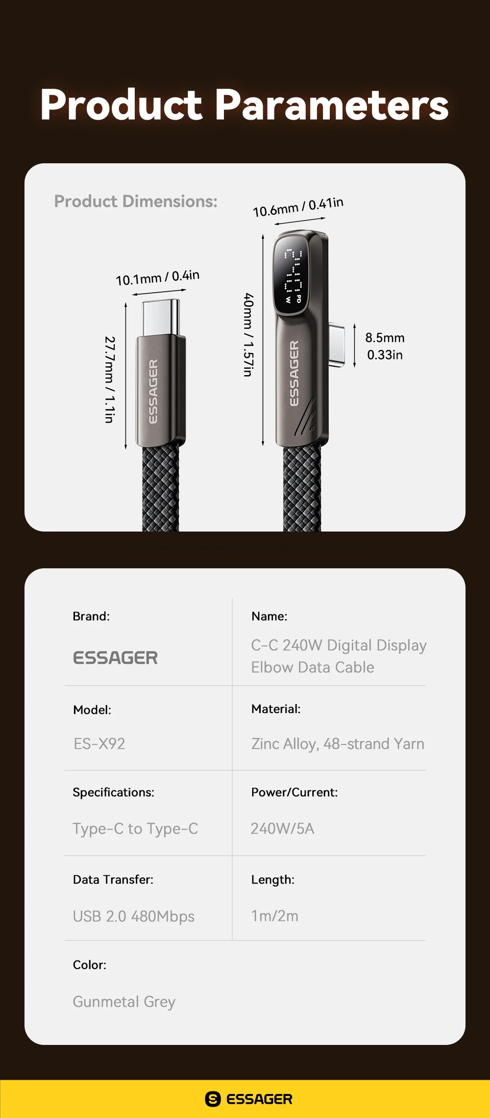 Essager Elbow 240W USB-C-Kabel, PD-Schnellladekabel für iPhone 17/16/15 Pro, iPad, MacBook Pro, Xiaomi, Samsung, Huawei. – Detail 11