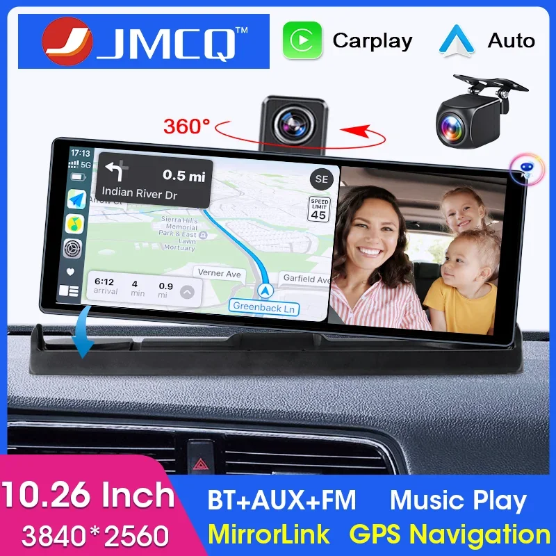 

JMCQ 10,26 дюйма 4K 360° ° Поворотная видеорегистратор, беспроводной Carplay Android, автомобильный видеорегистратор, Wi-Fi, GPS-навигация, AirPlay, видеорегистратор на приборной панели