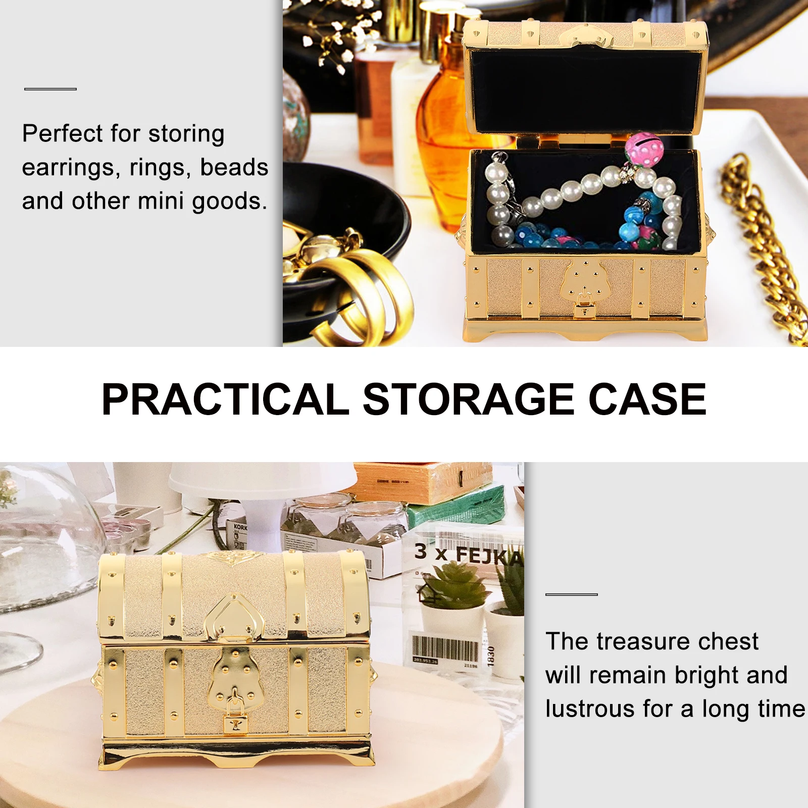 

Jewelry Box Vintage Treasure Chest Zinc Alloy Retro Storage Case for Earrings Rings Beads Dustproof Water Resistant