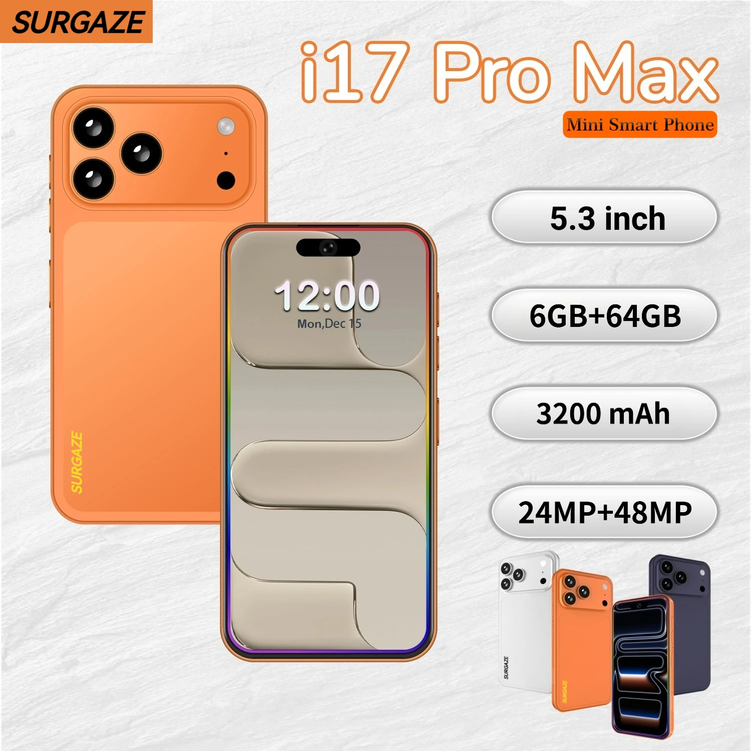 هاتف ذكي SURGAZE 2026 الإصدار العالمي i17 Pro Max ببطارية 3200 مللي أمبير وشاشة 5.3 بوصة وشبكة 5G