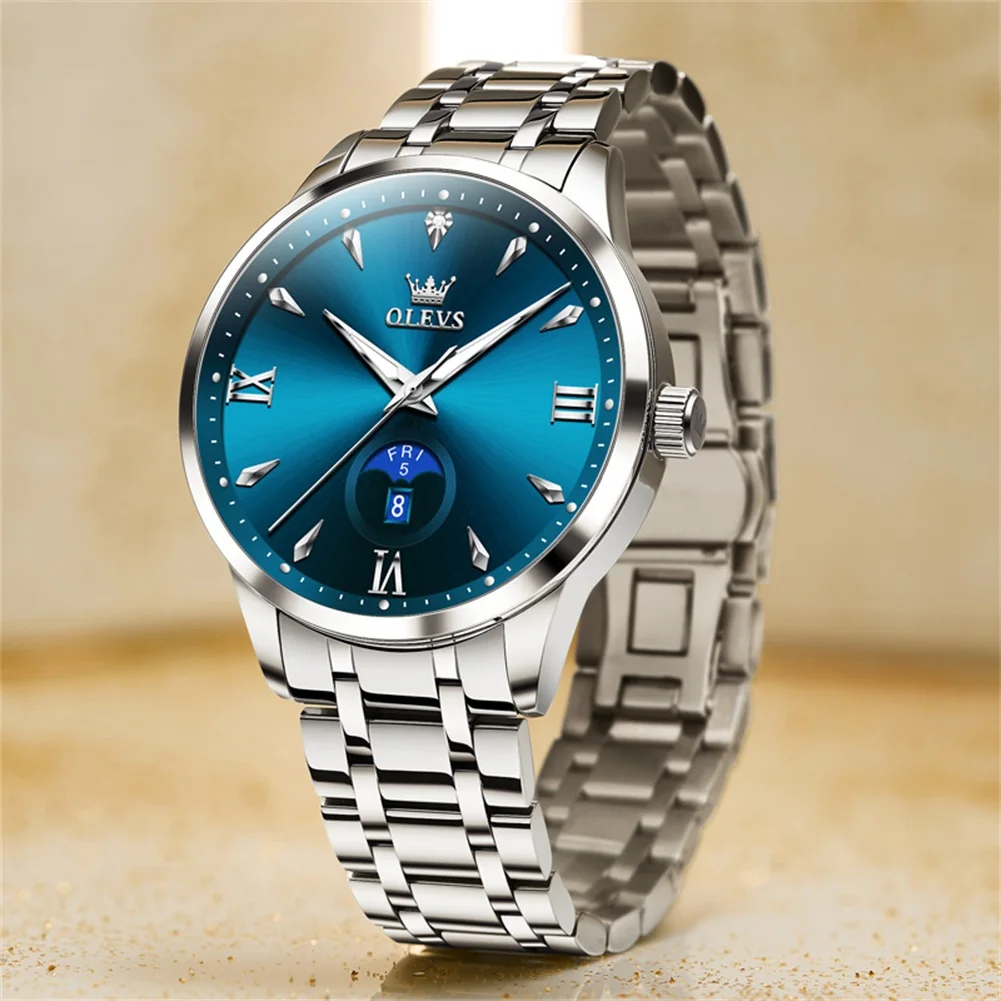 OLEVS Top Luxury Brand Fashion Design Mens Watches Silver Blue Dial Calendar Week Waterproof Luminous Sport Quartz Wrist Watch