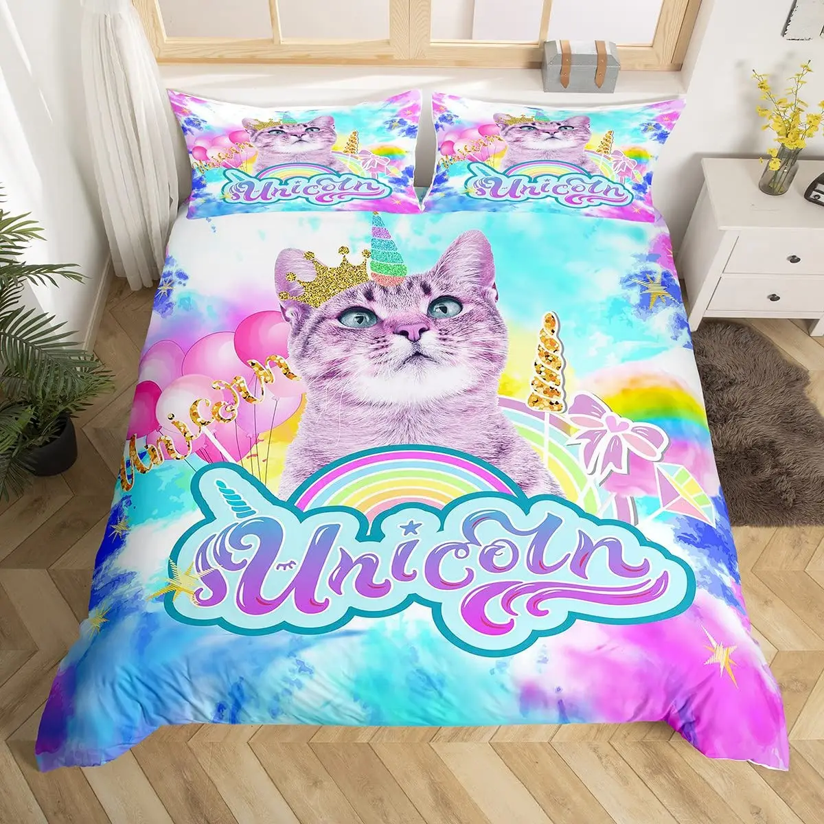 3D Cute Watercolor Cat Duvet Cover Set Lovely Animal Quilt Cover with Pillowcase Queen King Size for Kids Adults Bed Decor Gifts