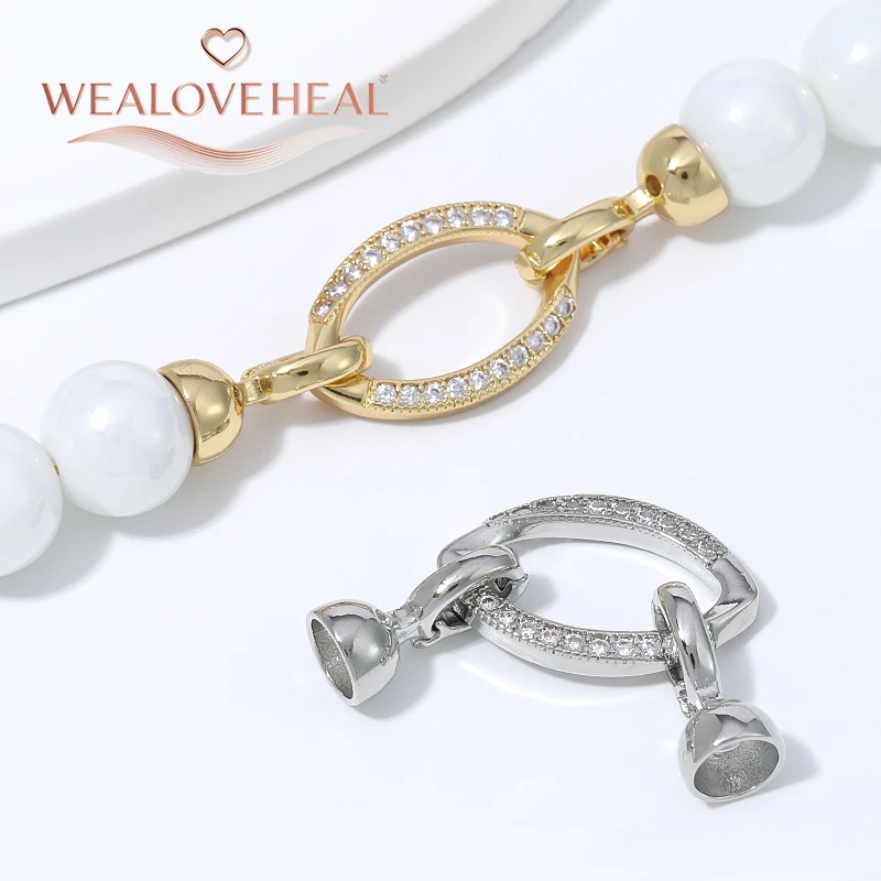 18K vergoldeter Messingverschluss mit Zirkonia und Perle, mikrobesetzter ovaler Verbinder für DIY-Armband- und Halsketten-Schmuckherstellung. – Detail 18