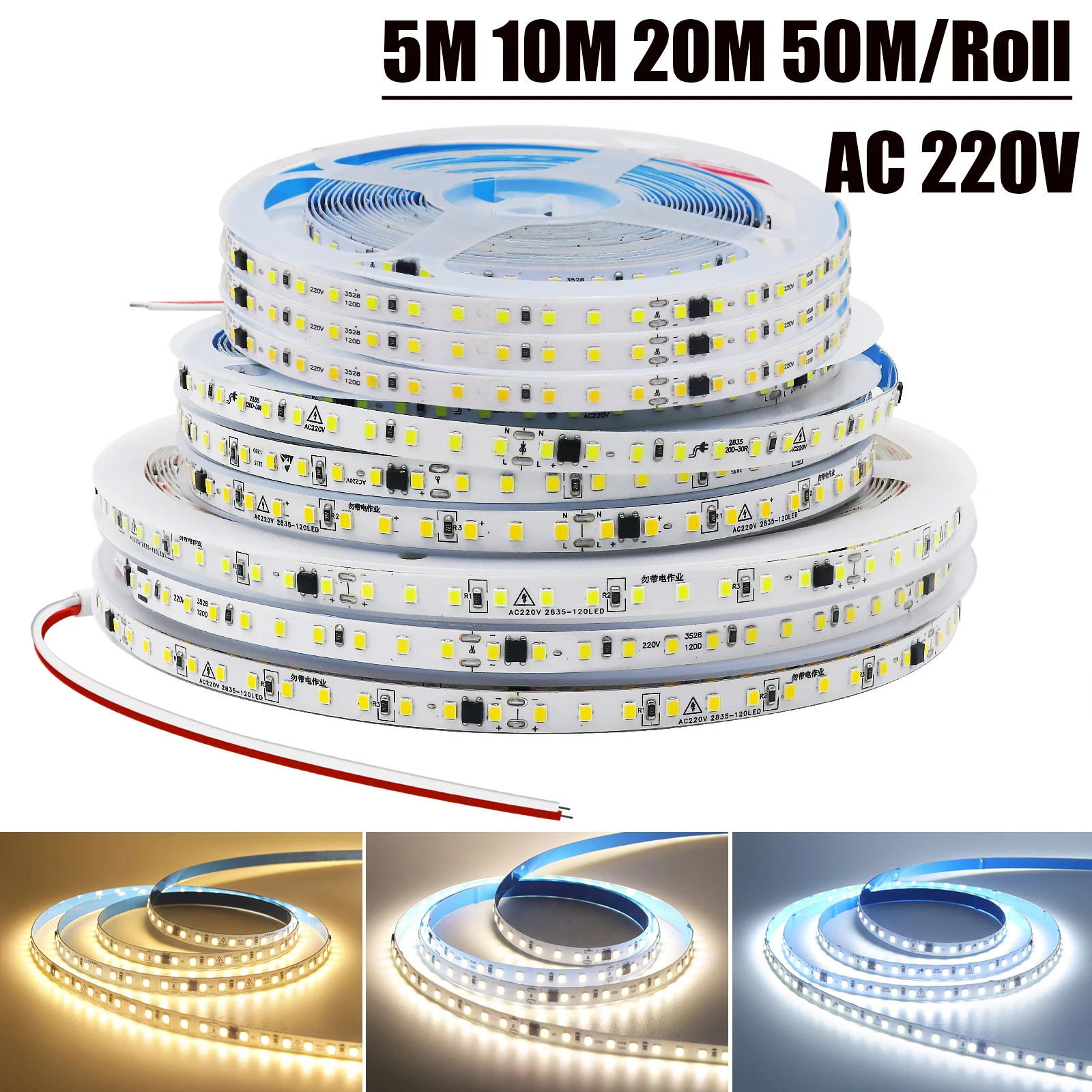 AC 220V LED Strip IP44 Driver Build In 3000K 4000K 6000K 120Leds/M Home Decor Flexible Ribbon Rope Tape Light 10M 20M 50M/Roll