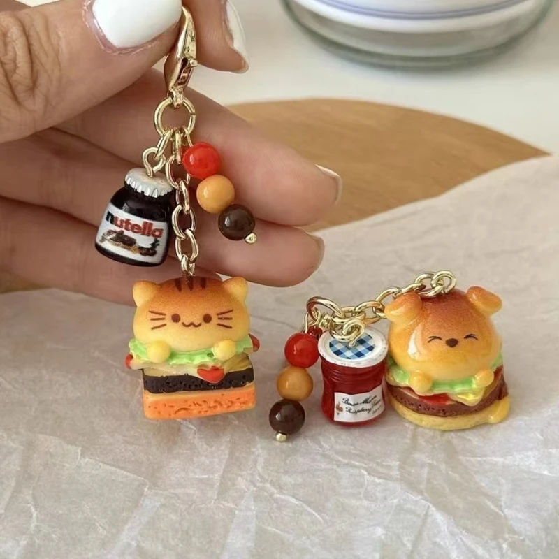 Pet Burger Keychain Resin Hamburger Cat/Dog Keyring Handmade Key Chain Accessories Bag Decoration for Everyday Carry Dropship