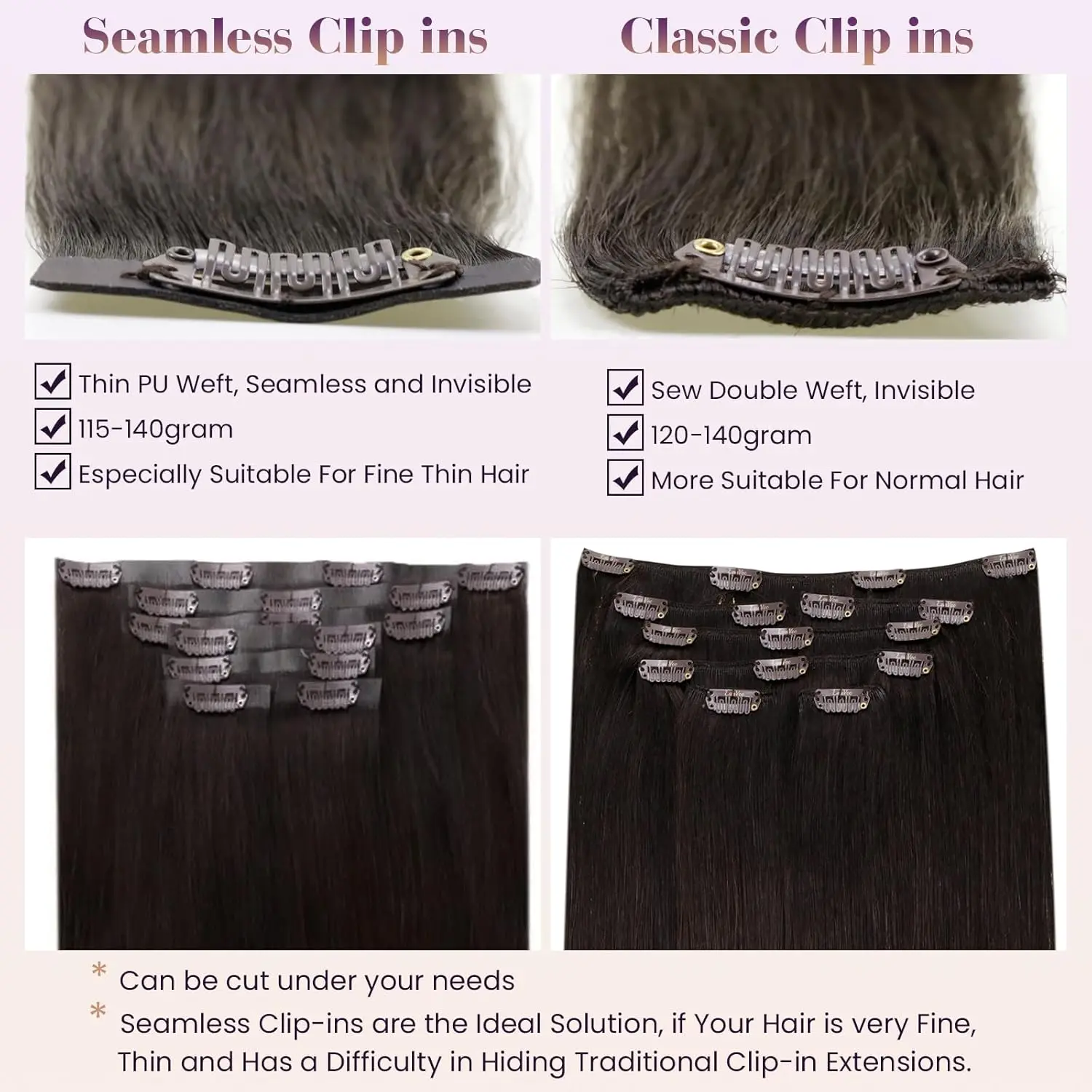 Laavoo PU Clip sin costuras en la extensión del cabello Color puro 100% cabello brasileño Real liso Natural 80G y 105G Clip en extensiones de cabello