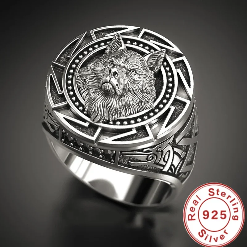 Andara 925 Sterling Silver Ring Retro Wolf Totem Thai Silver Ring Warrior Wolf Head Men's Ring