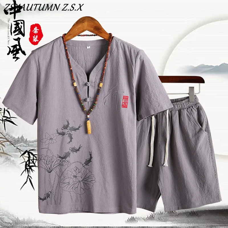 Chinese Style T Shirt +Shorts Men Set Harajuku T Shirt 2023 Summer Mens Linen Cotton Solid Casual Men Short Sleeve T Shirts Suit