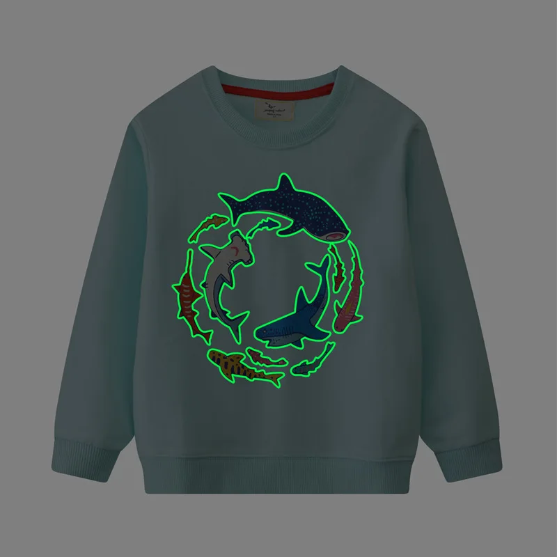 

Boys' Sweatshirt Spring New Small and Medium Children's Round Neck Sweatshirt with Luminous Shark Party Pattern Long Sleeve Top
