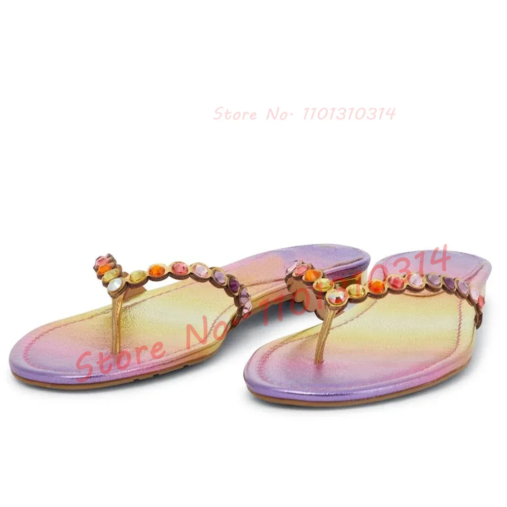 

Gradient Purple Rhinestone Flip Flops Women Colorful Crystal Real Leather Flat Slippers Ladies Luxury Casual Bling Party Shoes