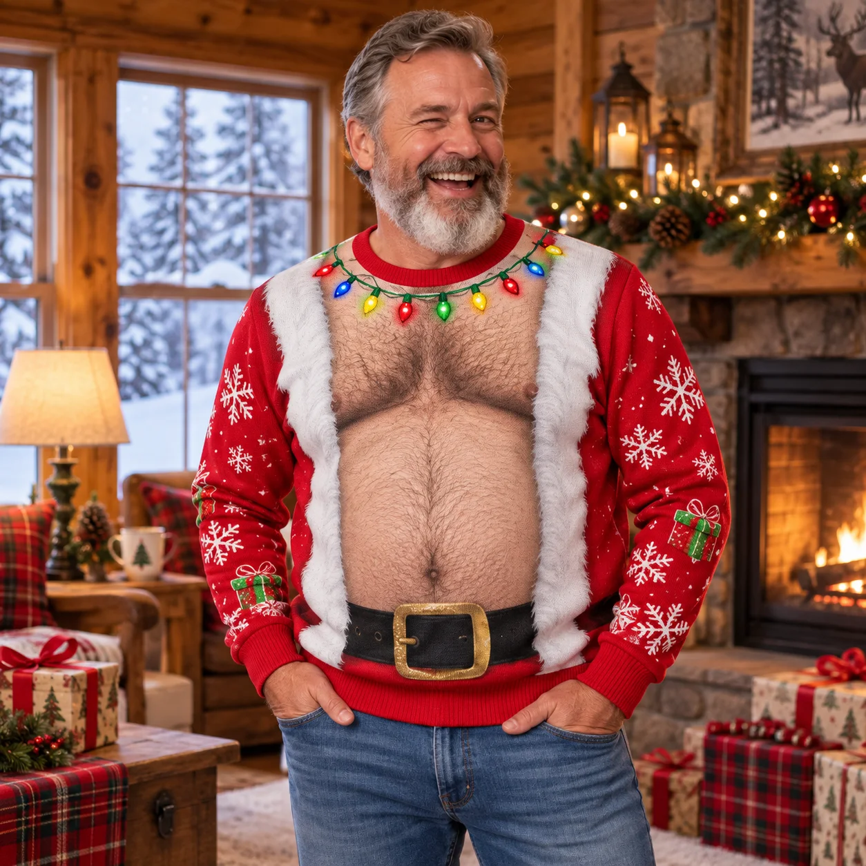 Santa Belly Illusion Hässlicher Weihnachtspullover für Herren, 3D-Druck, Polyester, Rundhals-Sweatshirt, lustiges Weihnachtskostüm, Pullover – Detail 4