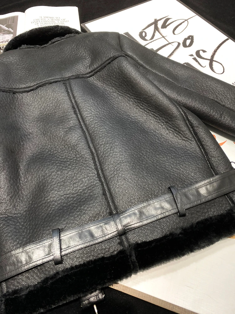 FTLZZ New Autumn Winter Women Streetwear Moto Biker Thickness Sheepskin Coat Lady Fashion Faux Lamb Leather Jacket with Belt