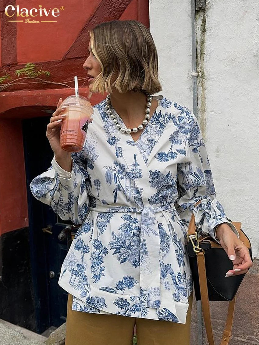 Clacive Fashion Loose Print Women's Shirt 2025 Casual V-Neck Long Sleeve Shirts Elegant Classic Lace-Up Tops Female Clothing
