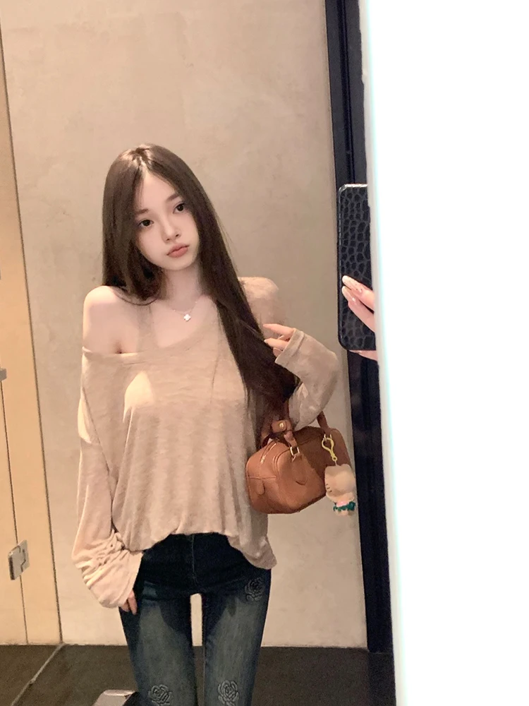 

Casual Loose Women's Long Sve Vest Top Thin T-irt Two-Piece Set Effortl Beau Sle Comfortable Breathable Knittedwear