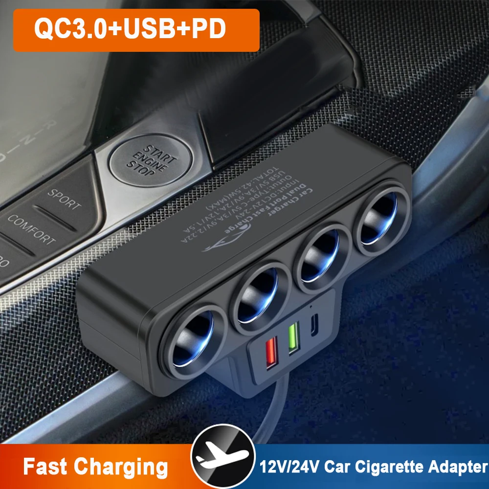 

12V/24V Car Cigarette Lighter Adapter New 4 in1 Socket 3.1A Charger Charger USB Car USB+QC3.0+PD3.1A Car Charger Accessories