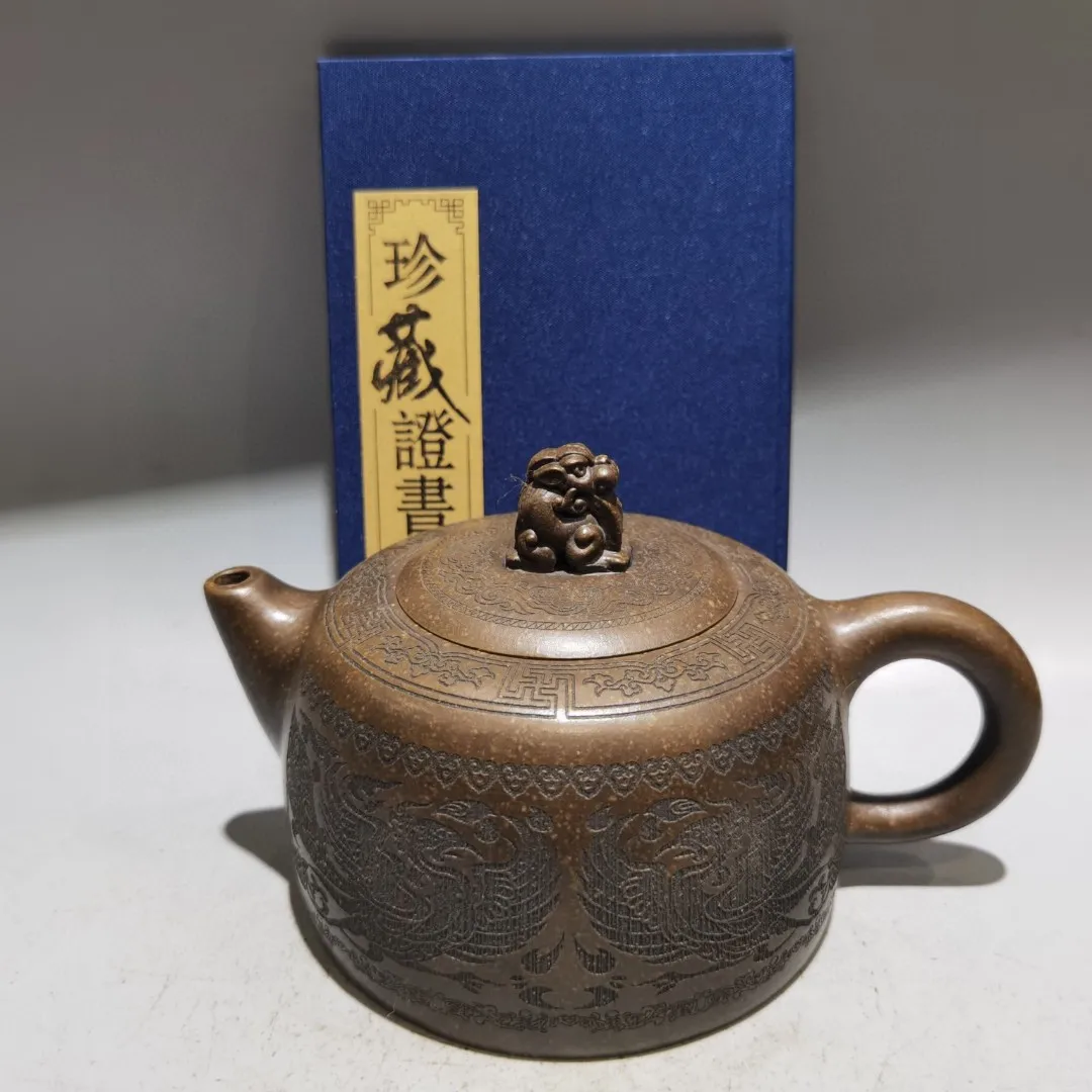 

7"Chinese Yixing Purple Clay Pot Pixiu statue cover Phoenix patterned Kettle Teapot Flagon Gather fortune Ornaments Town house