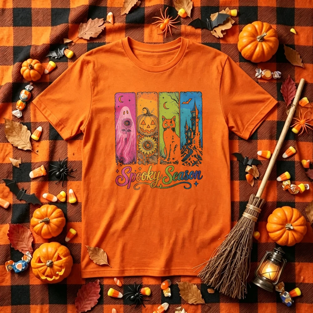 Halloween Spooky Season Graphic T‑Shirt Colorful Vertical Stripes Ghost Pumpkin Sunflower Black Cat Haunted House Casual Tops