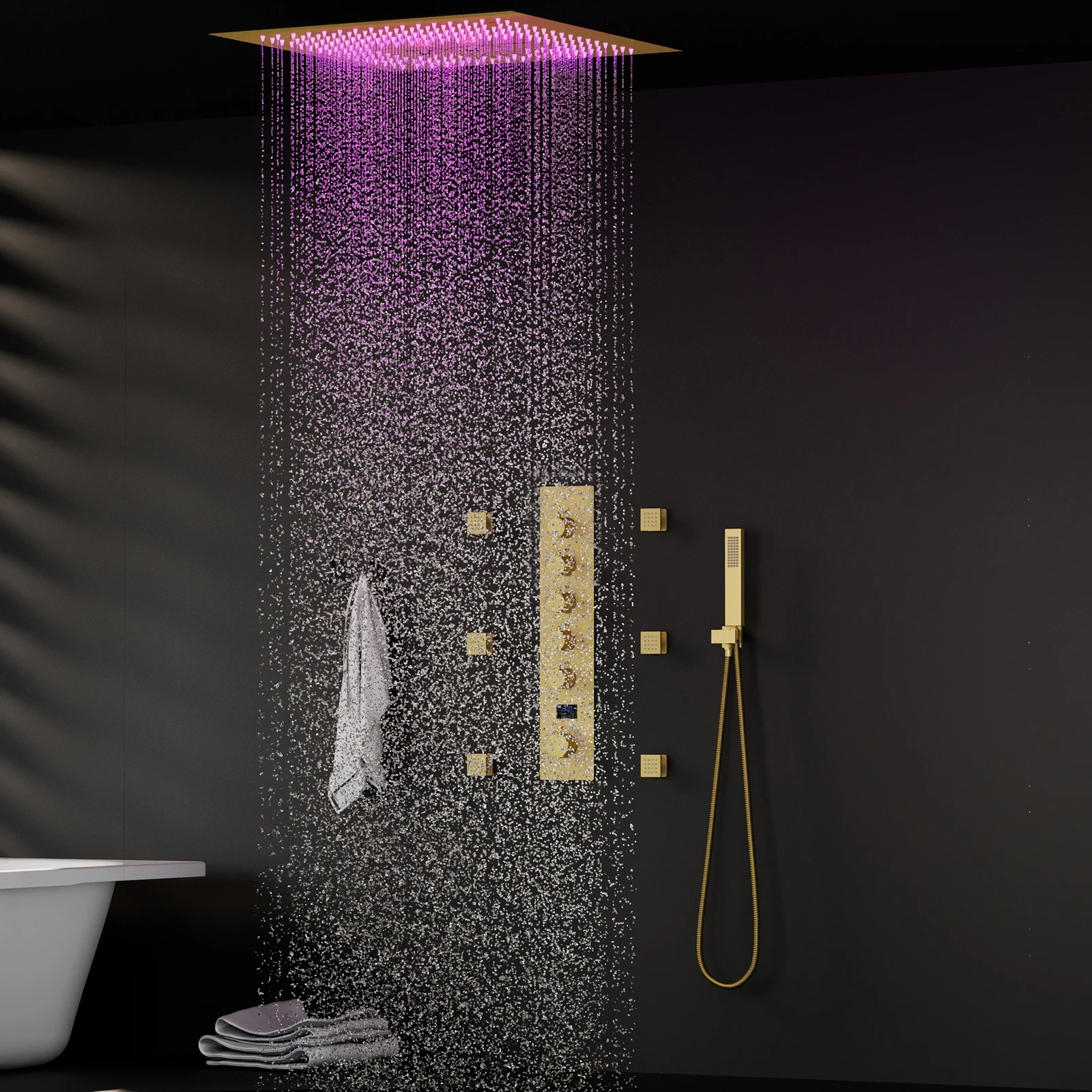 Luxury LED Shower System 400*400MM Massage Mist Rain Waterfall Shower Head Bathroom Cold and Hot Digital Display Faucet Valve