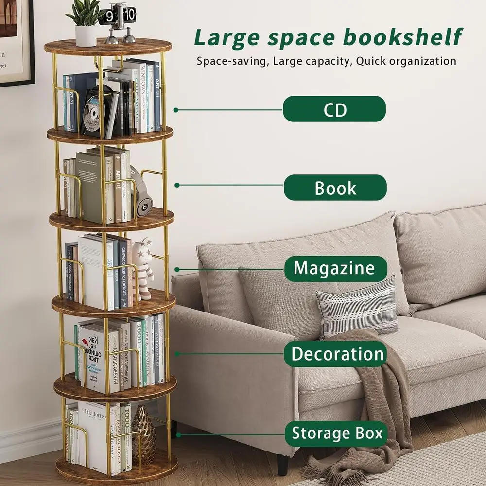 5Tier Rotating Bookshelf, 360 ° Display Stackable Spinning Bookshelf Tower,Round Space Saving Tall Floor Standing Swivel Bookcas